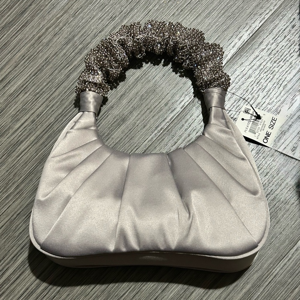 I.N.C. International Concepts Pleated Top Studded Mesh Handle Bag Satin Silver - Picture 3 of 5